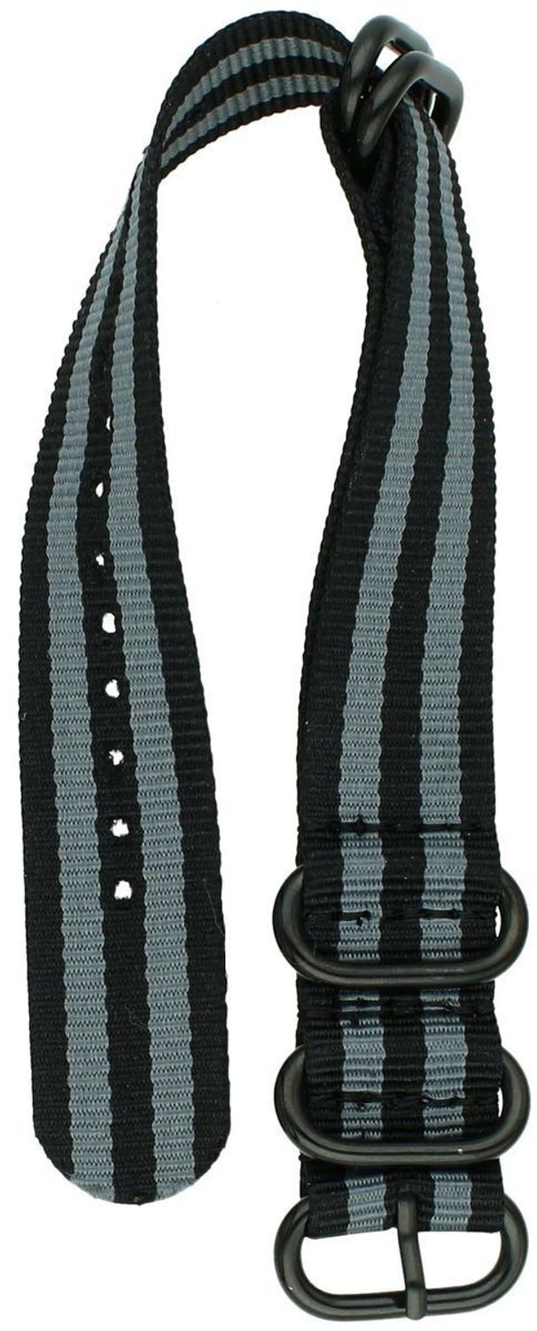 Pasek do zegarka NATO 006 w kolorze czarnym i szarym. Nylonowy, parciany, długość 26 cm, szerokość 20 mm. Idealny do zegarków sportowych i codziennych.1.jpg